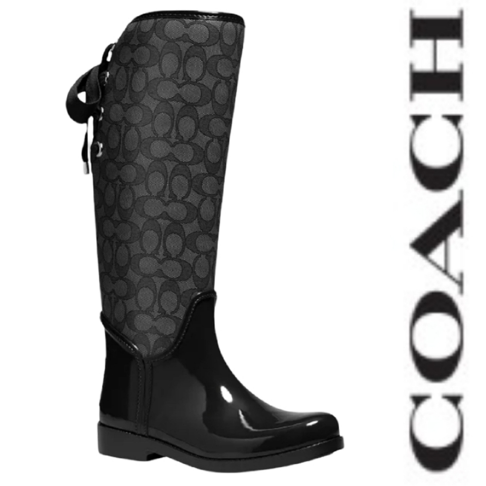 Coach Tristee Corset Back Rubber Rain Boots In Dark Denim/Black